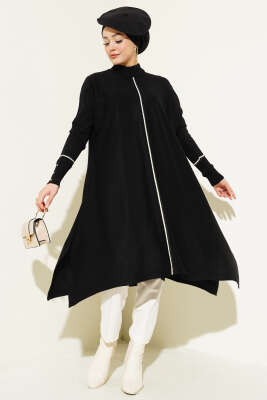 Asimetrik Kesim Uzun Triko Tunik Siyah - Triko Tunik