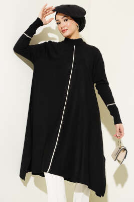 Asimetrik Kesim Uzun Triko Tunik Siyah 