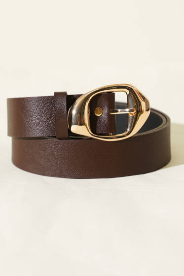 Asimetrik Metal Tokalı Kemer Kahve - Deri Kemer