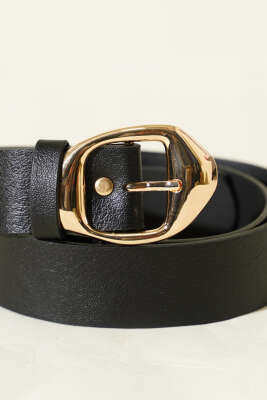 Asimetrik Metal Tokalı Kemer Siyah - Deri Kemer