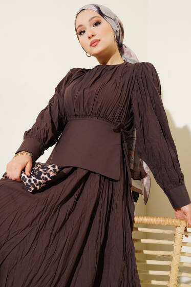 Asimetrik Parçalı Kırışık Elbise Acı Kahve - Elbise