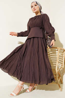 Asimetrik Parçalı Kırışık Elbise Acı Kahve - Tesettür Elbise