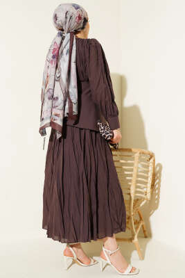 Asimetrik Parçalı Kırışık Elbise Acı Kahve - Tesettür Elbise