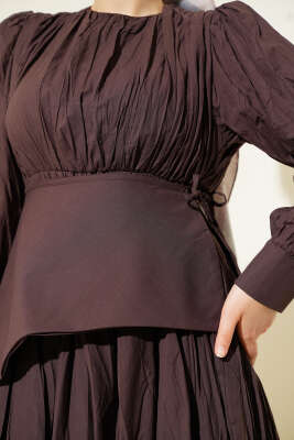 Asimetrik Parçalı Kırışık Elbise Acı Kahve - Tesettür Elbise