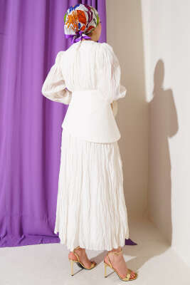 Asimetrik Parçalı Kırışık Elbise Beyaz - Tesettür Elbise