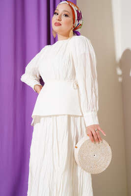 Asimetrik Parçalı Kırışık Elbise Beyaz - Tesettür Elbise