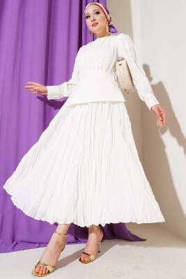 Asimetrik Parçalı Kırışık Elbise Beyaz - Tesettür Elbise