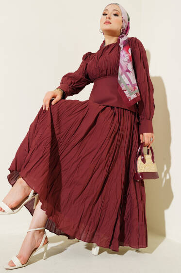 Asimetrik Parçalı Kırışık Elbise Bordo - Elbise