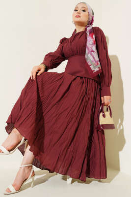 Asimetrik Parçalı Kırışık Elbise Bordo 