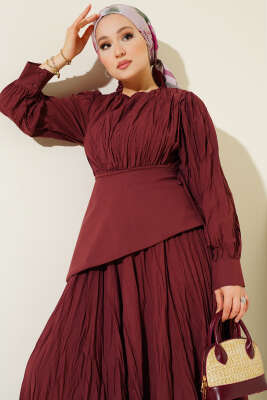 Asimetrik Parçalı Kırışık Elbise Bordo - Tesettür Elbise