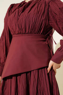 Asimetrik Parçalı Kırışık Elbise Bordo - Tesettür Elbise