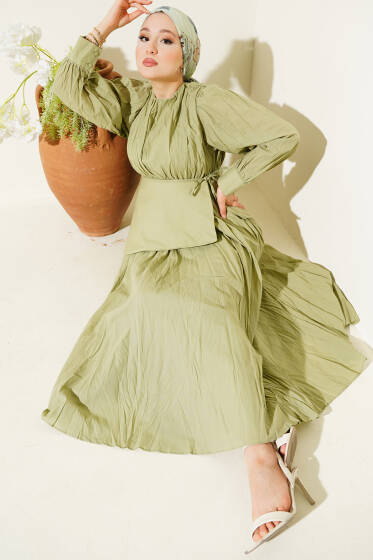 Asimetrik Parçalı Kırışık Elbise Çağla Yeşili - Elbise