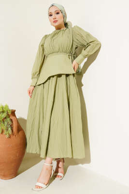 Asimetrik Parçalı Kırışık Elbise Çağla Yeşili - Tesettür Elbise