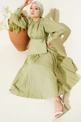 Asimetrik Parçalı Kırışık Elbise Çağla Yeşili 