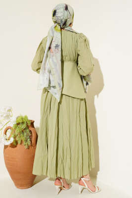 Asimetrik Parçalı Kırışık Elbise Çağla Yeşili - Tesettür Elbise