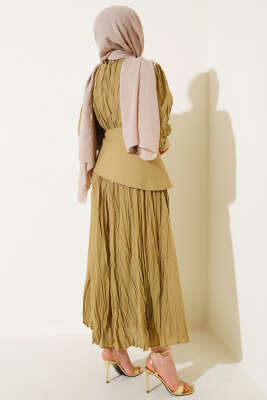 Asimetrik Parçalı Kırışık Elbise Haki - Tesettür Elbise