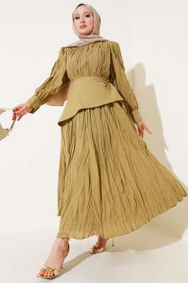 Asimetrik Parçalı Kırışık Elbise Haki 