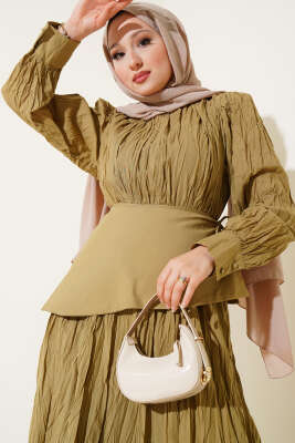 Asimetrik Parçalı Kırışık Elbise Haki - Tesettür Elbise