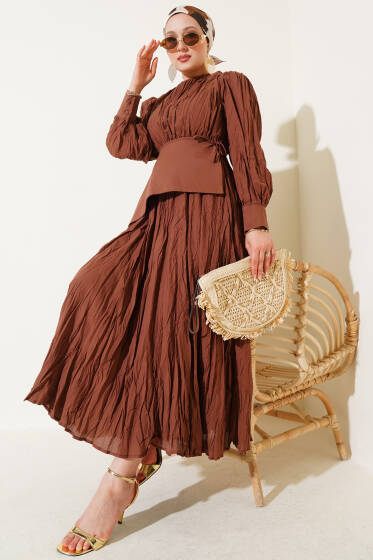 Asimetrik Parçalı Kırışık Elbise Kahve - Elbise