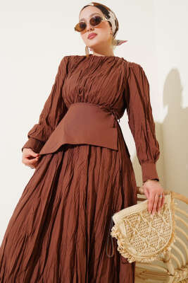 Asimetrik Parçalı Kırışık Elbise Kahve - Tesettür Elbise