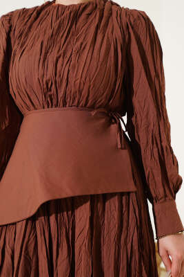 Asimetrik Parçalı Kırışık Elbise Kahve - Tesettür Elbise