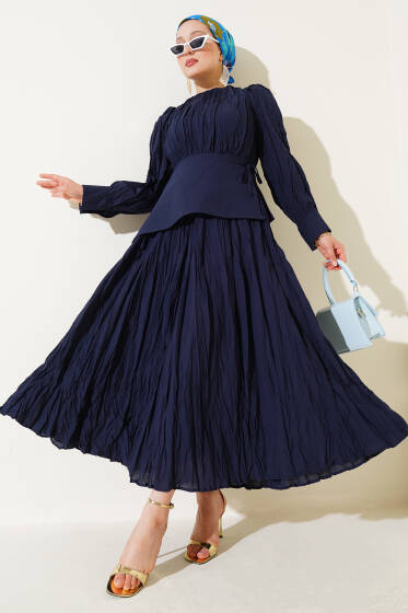 Asimetrik Parçalı Kırışık Elbise Lacivert - Elbise