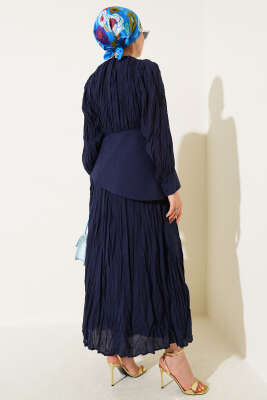Asimetrik Parçalı Kırışık Elbise Lacivert - Tesettür Elbise