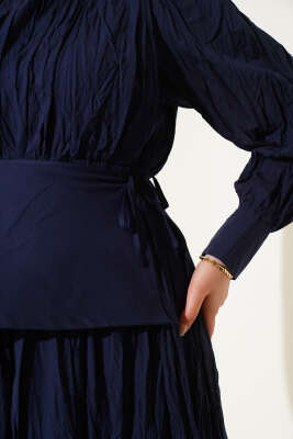 Asimetrik Parçalı Kırışık Elbise Lacivert - Tesettür Elbise