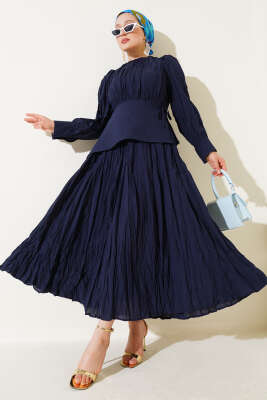 Asimetrik Parçalı Kırışık Elbise Lacivert 