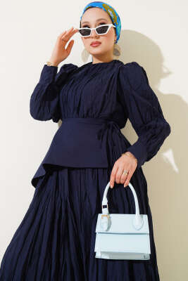 Asimetrik Parçalı Kırışık Elbise Lacivert - Tesettür Elbise