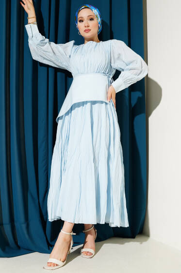 Asimetrik Parçalı Kırışık Elbise Mavi - Elbise