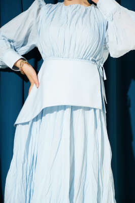 Asimetrik Parçalı Kırışık Elbise Mavi - Tesettür Elbise