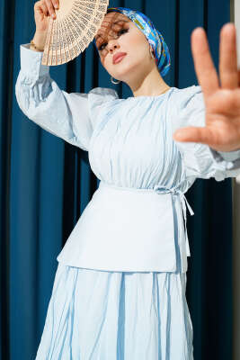 Asimetrik Parçalı Kırışık Elbise Mavi - Tesettür Elbise