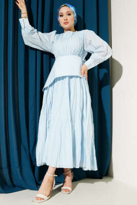 Asimetrik Parçalı Kırışık Elbise Mavi 