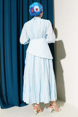 Asimetrik Parçalı Kırışık Elbise Mavi - Tesettür Elbise