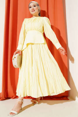 Asimetrik Parçalı Kırışık Elbise Sarı 