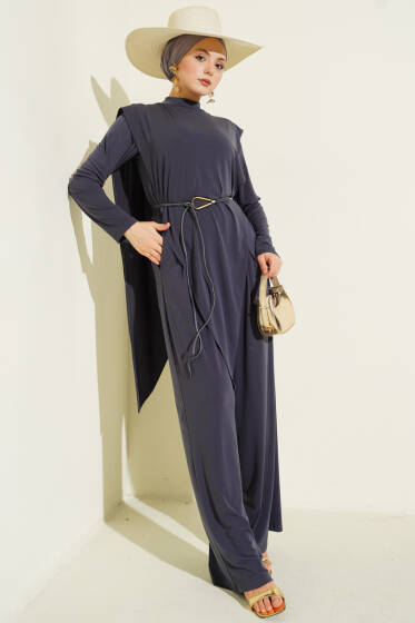 Asimetrik Parçalı Kuşaklı Sandy İkili Takım Füme - İkili Takım