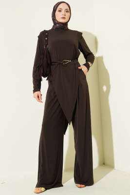 Asimetrik Parçalı Kuşaklı Sandy İkili Takım Kahve - ARANLI TEKSTİL