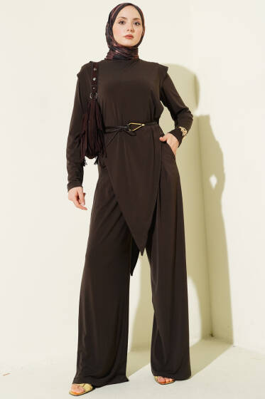 Asimetrik Parçalı Kuşaklı Sandy İkili Takım Kahve - İkili Takım