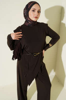 Asimetrik Parçalı Kuşaklı Sandy İkili Takım Kahve - İkili Takım