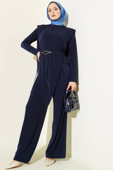 Asimetrik Parçalı Kuşaklı Sandy İkili Takım Lacivert - İkili Takım