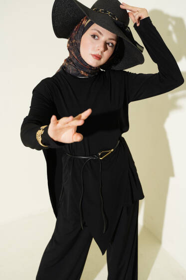Asimetrik Parçalı Kuşaklı Sandy İkili Takım Siyah - İkili Takım