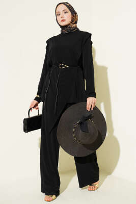 Asimetrik Parçalı Kuşaklı Sandy İkili Takım Siyah - İkili Takım