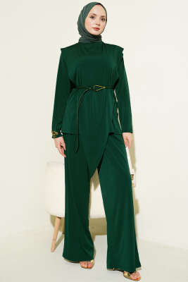 Asimetrik Parçalı Kuşaklı Sandy İkili Takım Zümrüt - İkili Takım