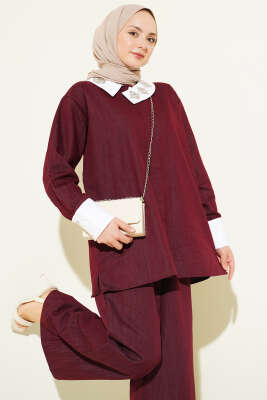 Asimetrik Taş Yakalı Gizli Düğmeli İkili Takım Bordo - HATUN