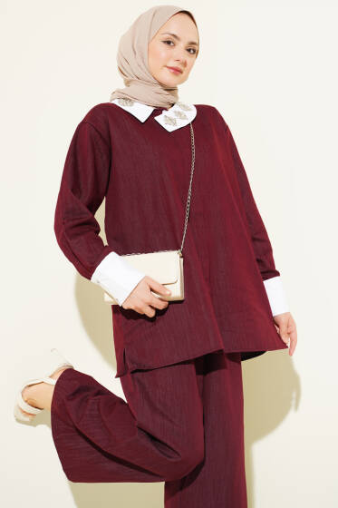 Asimetrik Taş Yakalı Gizli Düğmeli İkili Takım Bordo - İkili Takım