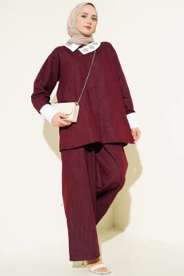 Asimetrik Taş Yakalı Gizli Düğmeli İkili Takım Bordo - İkili Takım
