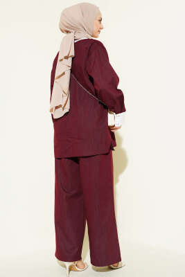 Asimetrik Taş Yakalı Gizli Düğmeli İkili Takım Bordo - İkili Takım