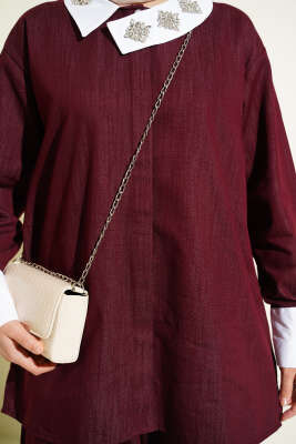 Asimetrik Taş Yakalı Gizli Düğmeli İkili Takım Bordo - İkili Takım