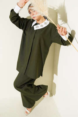 Asimetrik Taş Yakalı Gizli Düğmeli İkili Takım Haki - HATUN